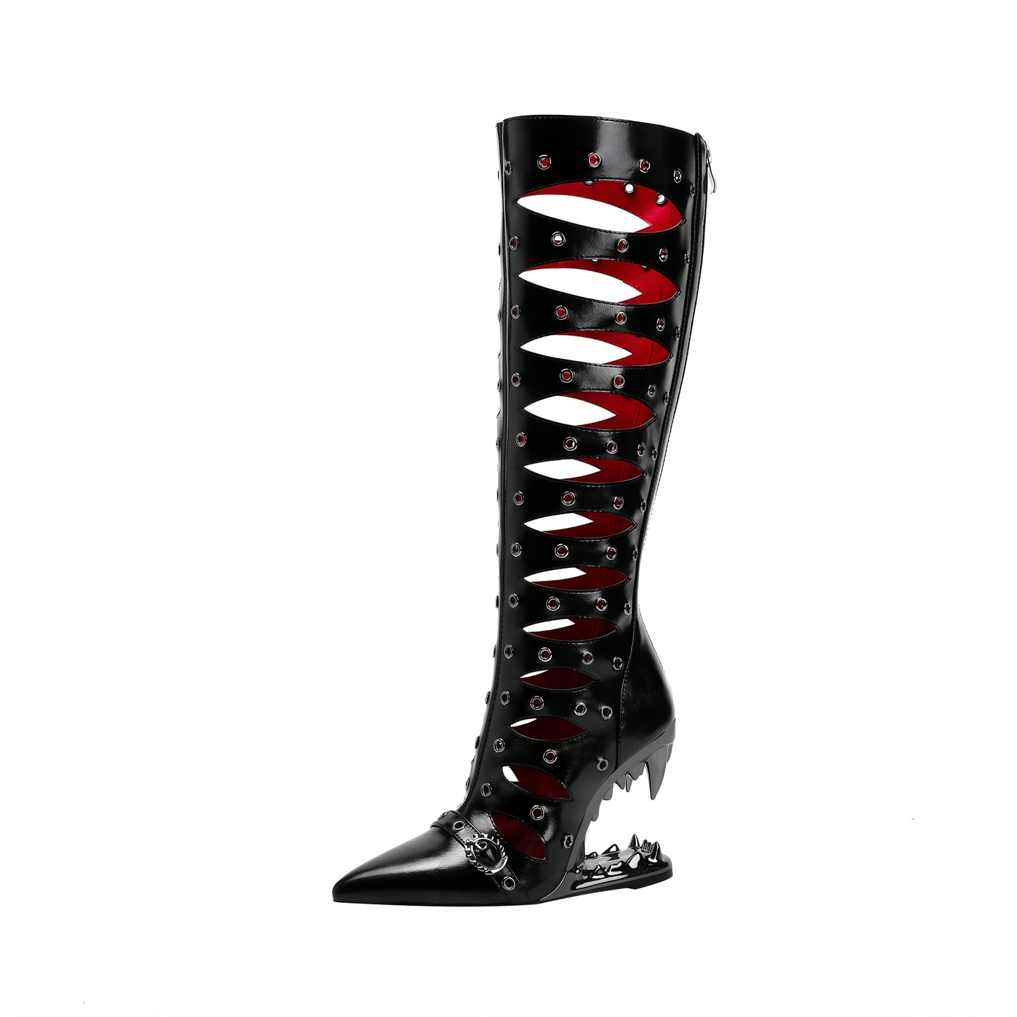 1pr Sexy Hollow-Out Designer Rivet Knee-High Boots, Pointed Toe Zipper Closure, All-Season Comfort, Man-Made Upper & Inner, Rubber Sole, Special Shaped Heel, Roman Style, Long Boots