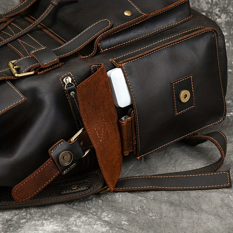 Men Crazy Horse Genuine Leather Backpack, Large Capacity Retro Cow Genuine Leather Rucksack Flap Travel Bag