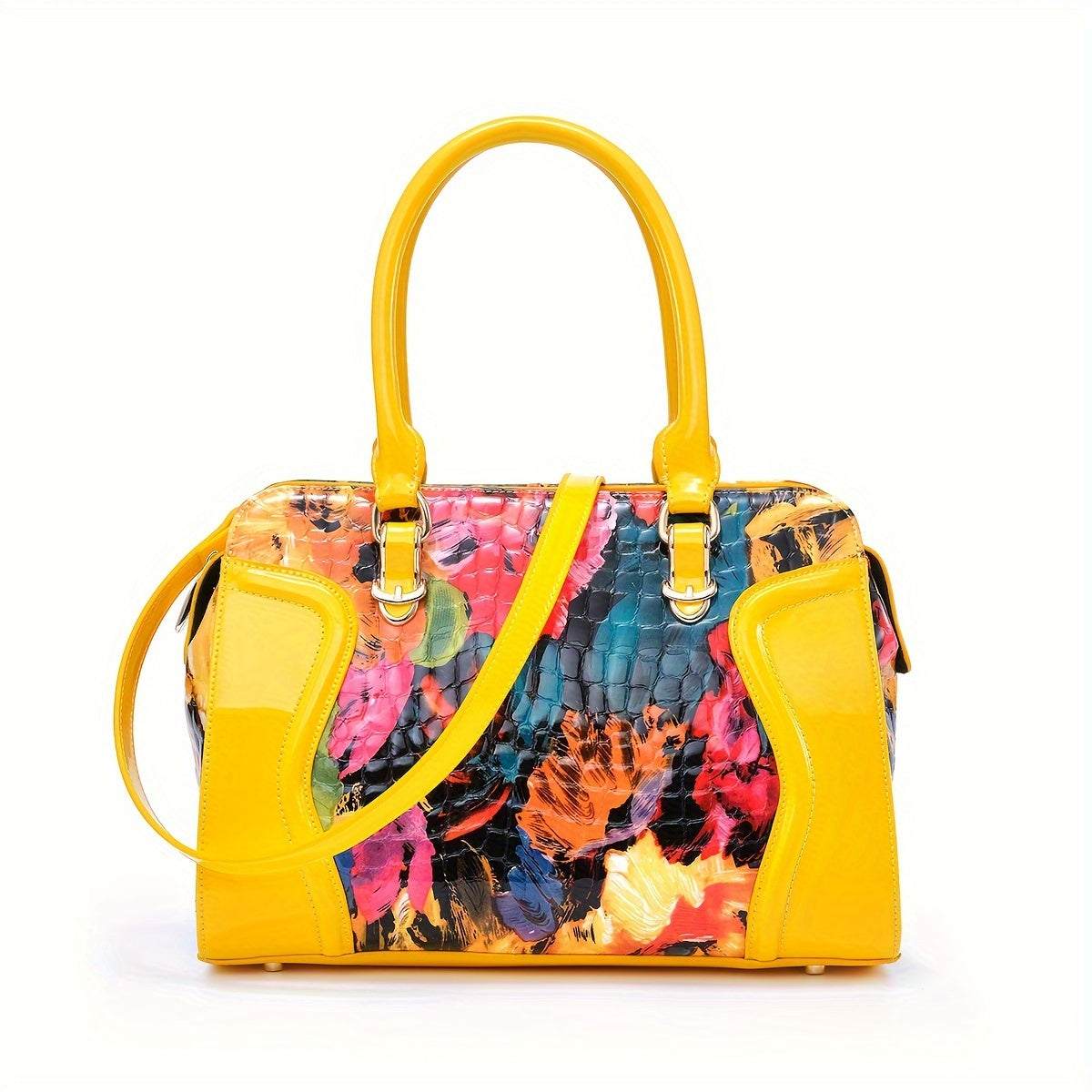 Women's Large Luxury Patent Leather Handbag - Elegant Crocodile-Texture Tote with Adjustable Crossbody Strap, Golden-Tone Hardware & Multi-Compartment Design, Vibrant Yellow & Multicolor Patterns (Pink/Blue/Green/Black) - Bus