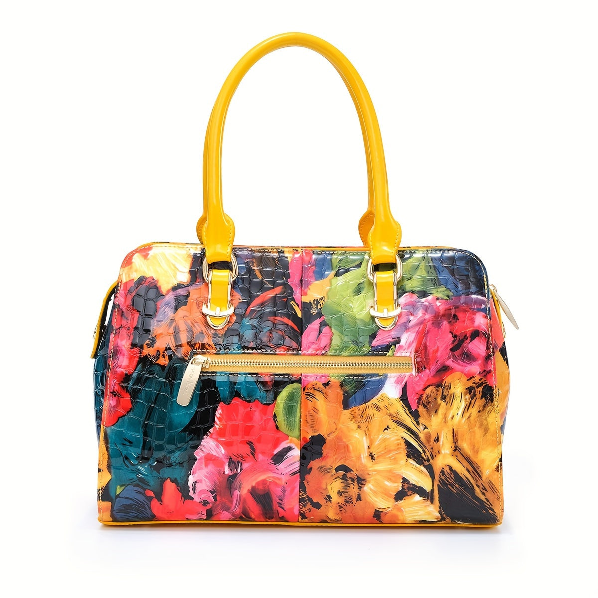 Women's Large Luxury Patent Leather Handbag - Elegant Crocodile-Texture Tote with Adjustable Crossbody Strap, Golden-Tone Hardware & Multi-Compartment Design, Vibrant Yellow & Multicolor Patterns (Pink/Blue/Green/Black) - Bus