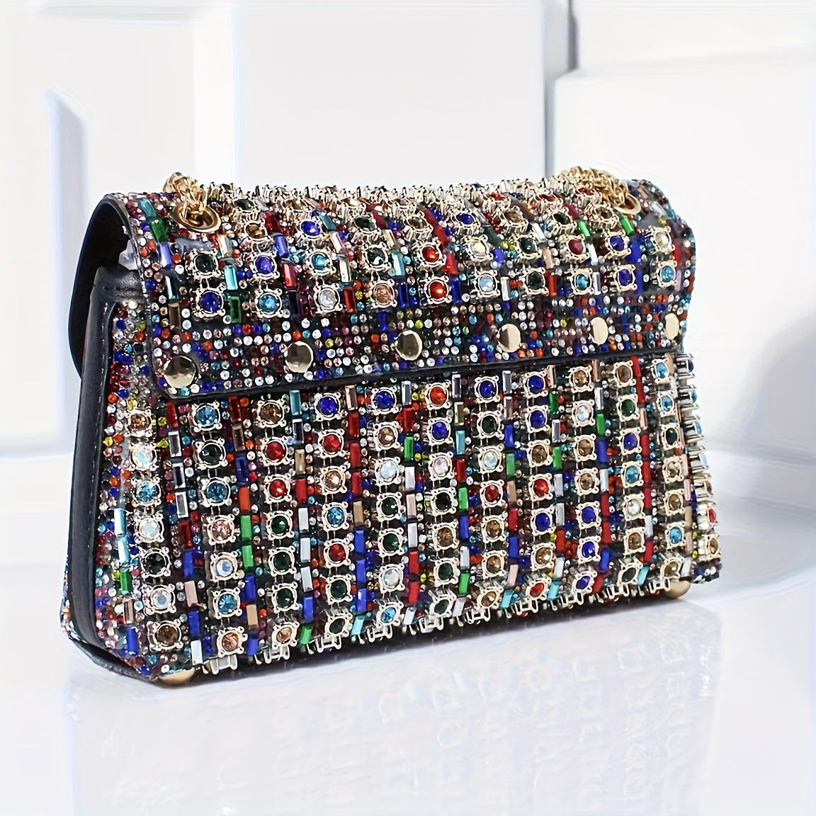 Women's Luxury PU Evening Handbag with Adjustable Strap & Closure - Sparkling -Adorned Multicolor Beaded Mosaic Design, Golden-Tone Hardware, Lightweight Elegant Clutch for Parties, Weddings, Formal Events - Versatile Crossbo