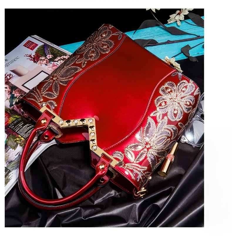 Designer Floral Embroidery Patent Leather Handbag for Women, Large Capacity Shoulder Tote with Zipper Closure, Polyester Lined, Paint Detail, Party Bag