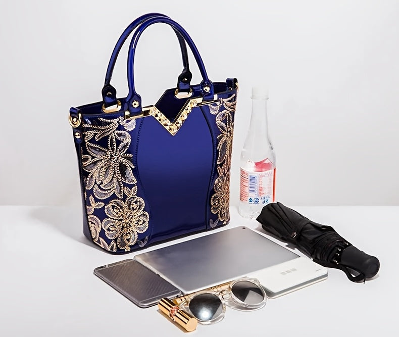 Designer Floral Embroidery Patent Leather Handbag for Women, Large Capacity Shoulder Tote with Zipper Closure, Polyester Lined, Paint Detail, Party Bag