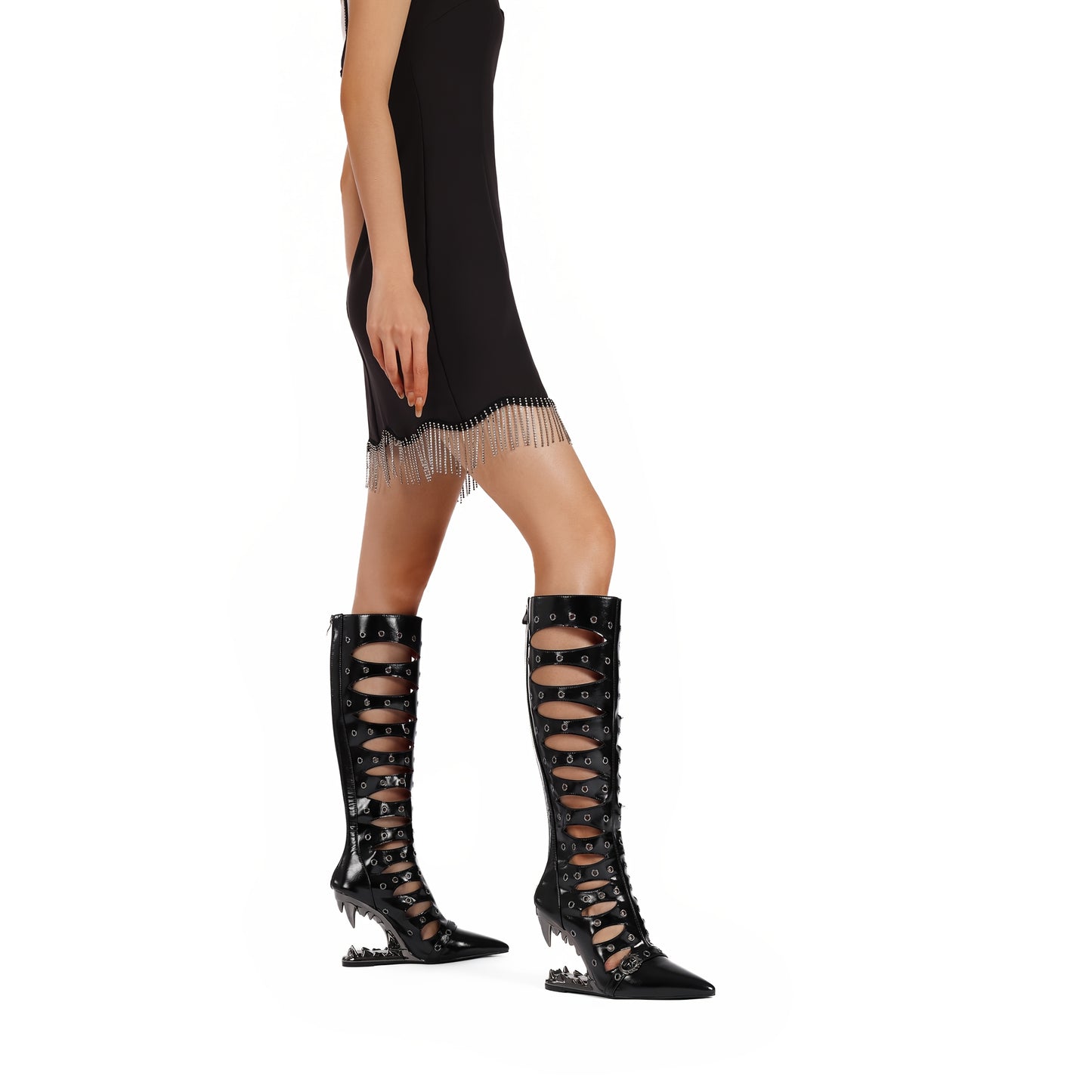 1pr Sexy Hollow-Out Designer Rivet Knee-High Boots, Pointed Toe Zipper Closure, All-Season Comfort, Man-Made Upper & Inner, Rubber Sole, Special Shaped Heel, Roman Style, Long Boots