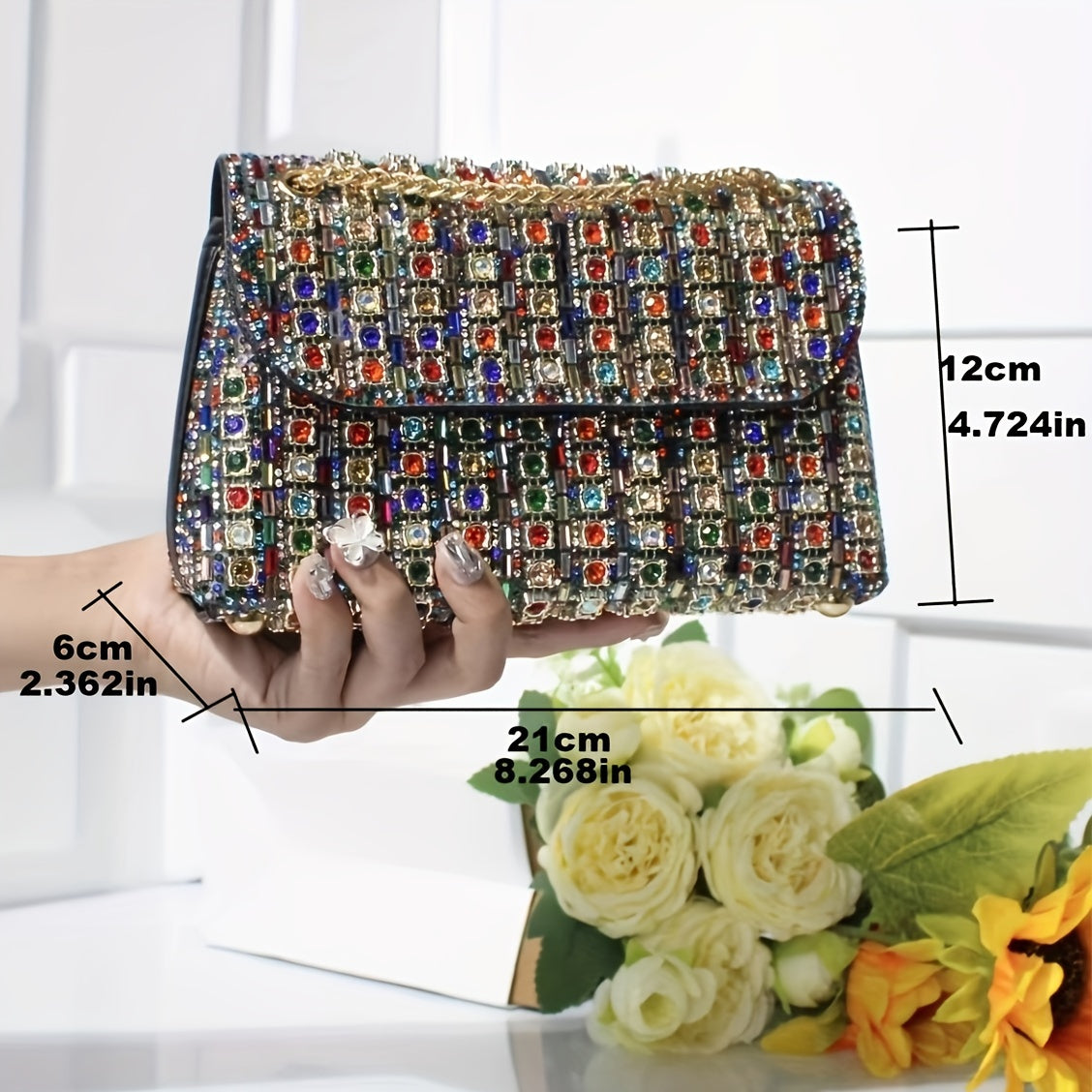 Women's Luxury PU Evening Handbag with Adjustable Strap & Closure - Sparkling -Adorned Multicolor Beaded Mosaic Design, Golden-Tone Hardware, Lightweight Elegant Clutch for Parties, Weddings, Formal Events - Versatile Crossbo
