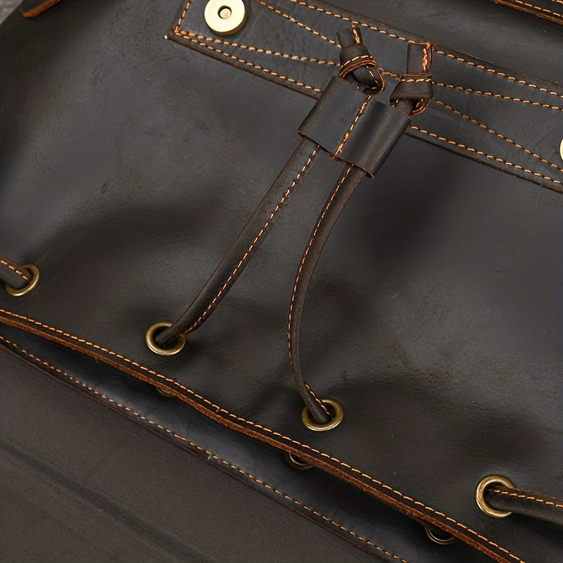 Men Crazy Horse Genuine Leather Backpack, Large Capacity Retro Cow Genuine Leather Rucksack Flap Travel Bag