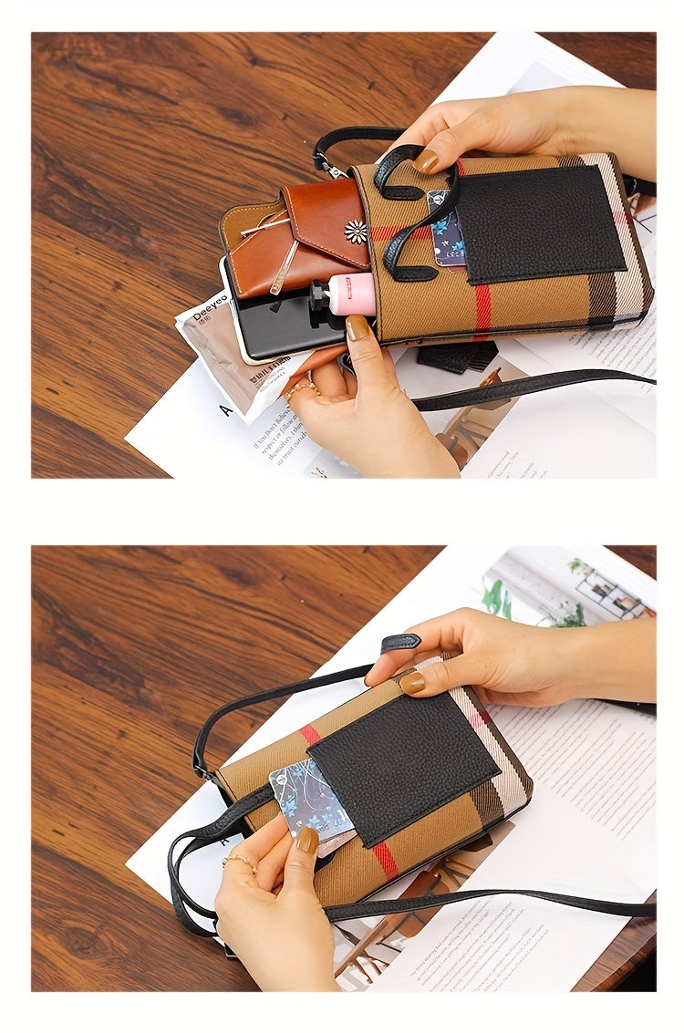 Ondy Women's Retro Caramel & Brown Plaid Handbag with Detachable Strap - Closure Small Crossbody Bag, Golden-Tone Hardware, Phone & Keys Holder, Synthetic Lining, Versatile Everyday & Formal Purse for Commuting, Work, Travel