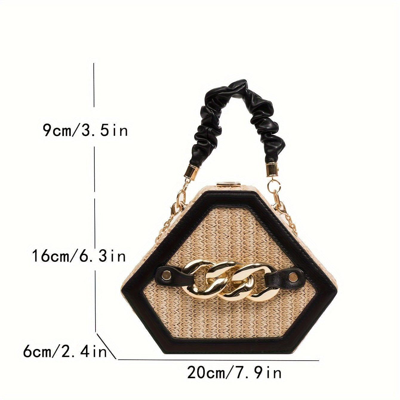 Women's Woven Handbag with Closure - Golden-Tone Hardware & Chain Strap, Hexagonal Box Purse in Black/Beige/, Durable Paper Material & Lining - Elegant Everyday & Formal events - Crossbody or Handheld Bag for Women - Chain-Li