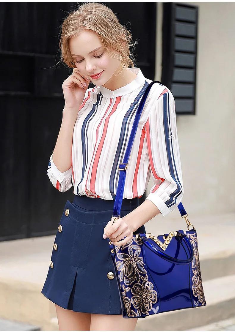 Designer Floral Embroidery Patent Leather Handbag for Women, Large Capacity Shoulder Tote with Zipper Closure, Polyester Lined, Paint Detail, Party Bag