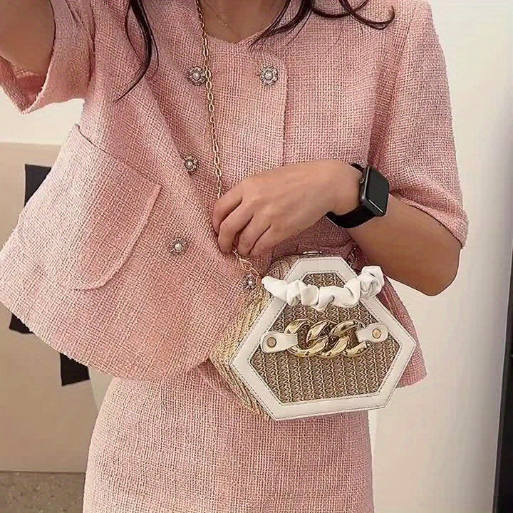 Women's Woven Handbag with Closure - Golden-Tone Hardware & Chain Strap, Hexagonal Box Purse in Black/Beige/, Durable Paper Material & Lining - Elegant Everyday & Formal events - Crossbody or Handheld Bag for Women - Chain-Li