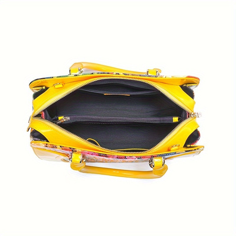 Women's Large Luxury Patent Leather Handbag - Elegant Crocodile-Texture Tote with Adjustable Crossbody Strap, Golden-Tone Hardware & Multi-Compartment Design, Vibrant Yellow & Multicolor Patterns (Pink/Blue/Green/Black) - Bus