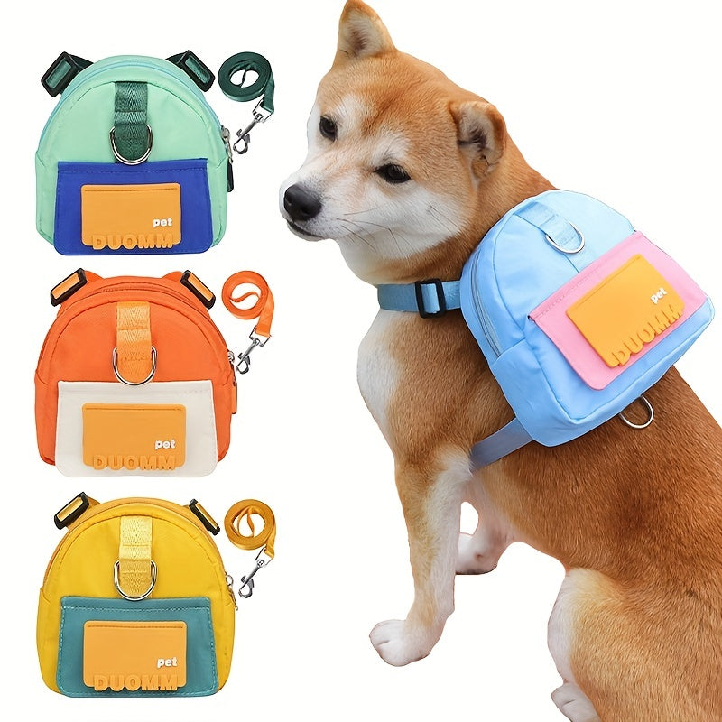 Colorful Nylon Pet Harness with Leash & Backpack - Cartoon School Bag Design for Dogs, Machine Washable, Ideal for Outdoor Adventures