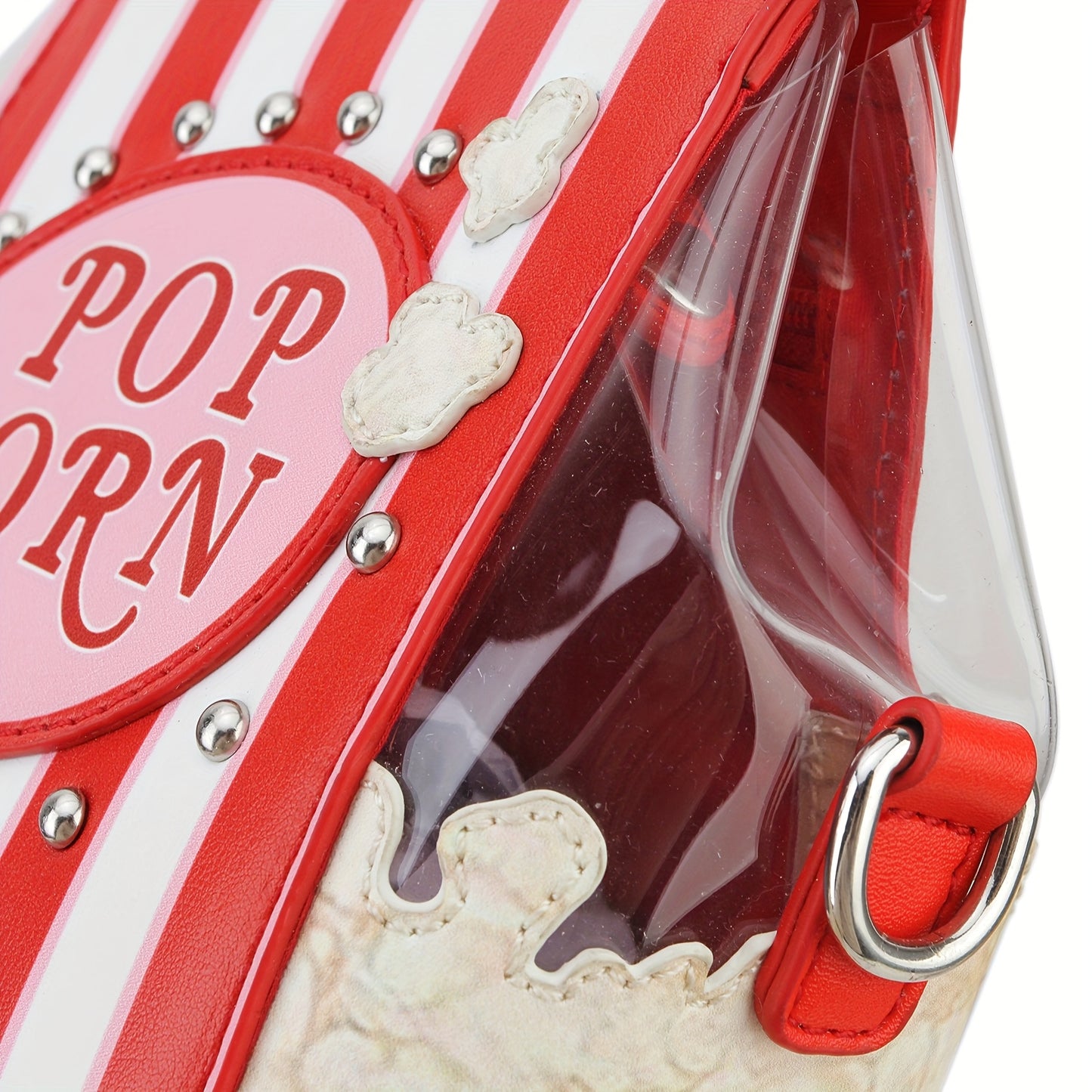 Women's Popcorn Bucket-Shaped Crossbody Bag with Adjustable Strap - Red & White Striped Synthetic Leather Purse, Beaded Popcorn Decor & Golden-Tone Hardware, Sweet Style Casual Handbag for Movie Nights, Themed Parties & Every