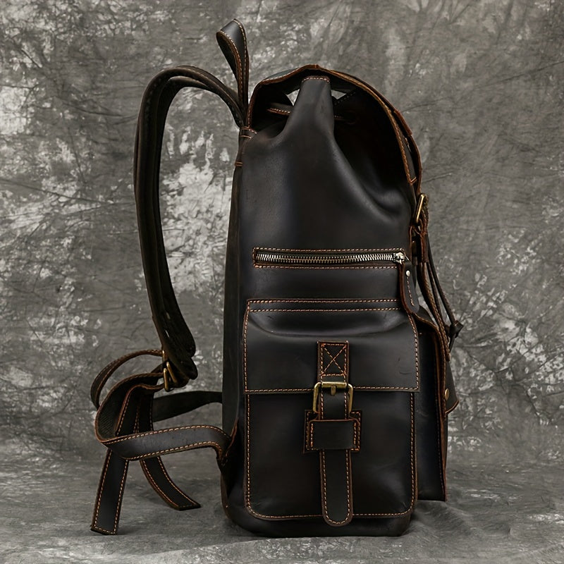 Men Crazy Horse Genuine Leather Backpack, Large Capacity Retro Cow Genuine Leather Rucksack Flap Travel Bag
