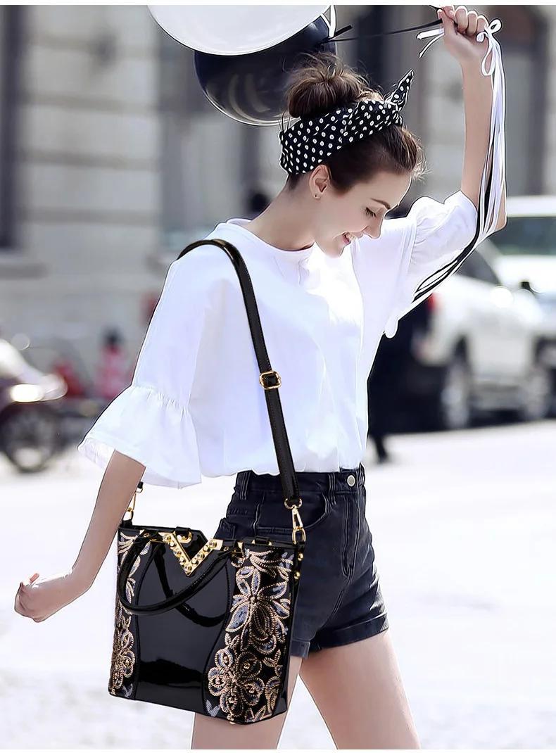 Designer Floral Embroidery Patent Leather Handbag for Women, Large Capacity Shoulder Tote with Zipper Closure, Polyester Lined, Paint Detail, Party Bag