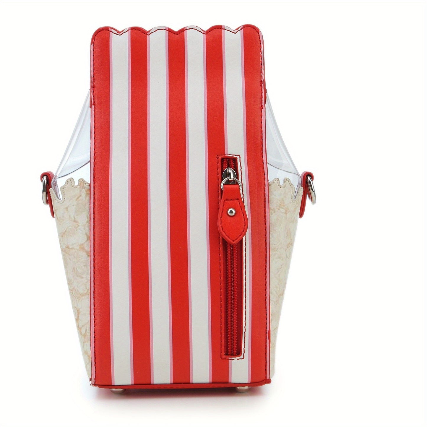 Women's Popcorn Bucket-Shaped Crossbody Bag with Adjustable Strap - Red & White Striped Synthetic Leather Purse, Beaded Popcorn Decor & Golden-Tone Hardware, Sweet Style Casual Handbag for Movie Nights, Themed Parties & Every
