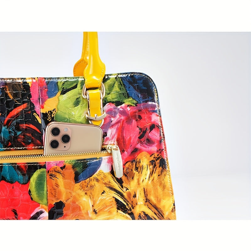 Women's Large Luxury Patent Leather Handbag - Elegant Crocodile-Texture Tote with Adjustable Crossbody Strap, Golden-Tone Hardware & Multi-Compartment Design, Vibrant Yellow & Multicolor Patterns (Pink/Blue/Green/Black) - Bus