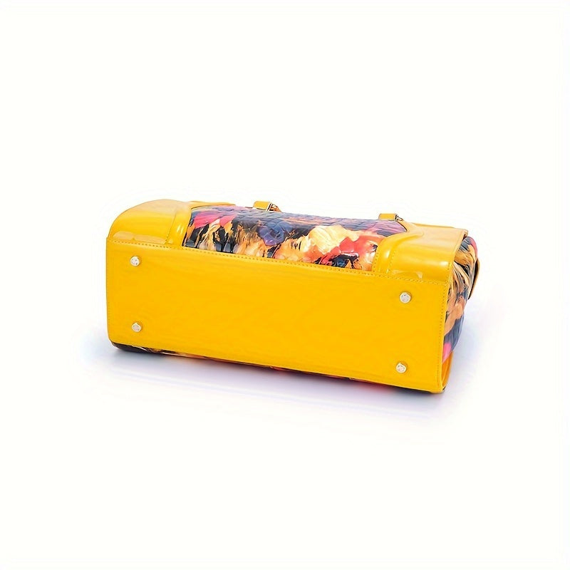 Women's Large Luxury Patent Leather Handbag - Elegant Crocodile-Texture Tote with Adjustable Crossbody Strap, Golden-Tone Hardware & Multi-Compartment Design, Vibrant Yellow & Multicolor Patterns (Pink/Blue/Green/Black) - Bus