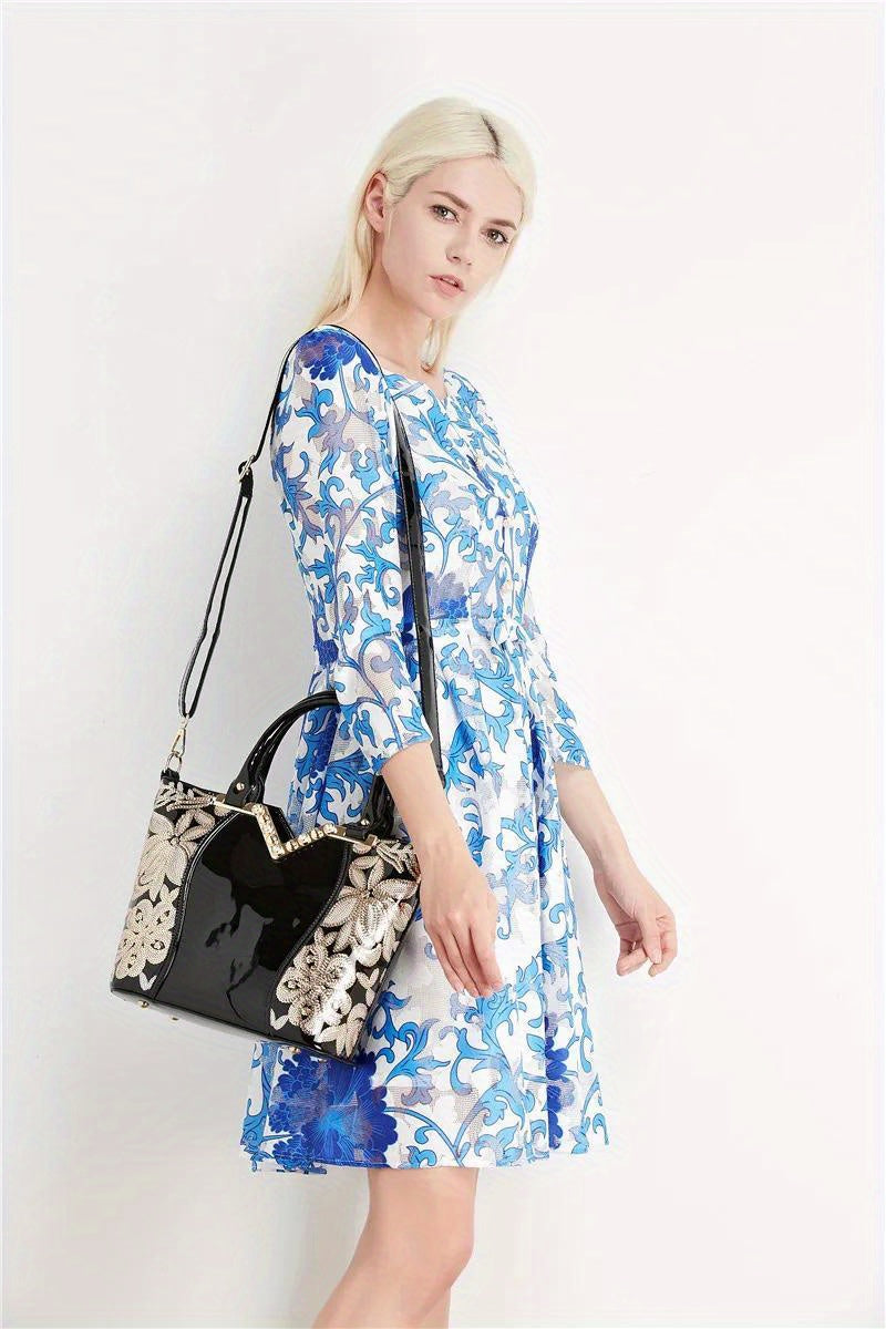 Designer Floral Embroidery Patent Leather Handbag for Women, Large Capacity Shoulder Tote with Zipper Closure, Polyester Lined, Paint Detail, Party Bag