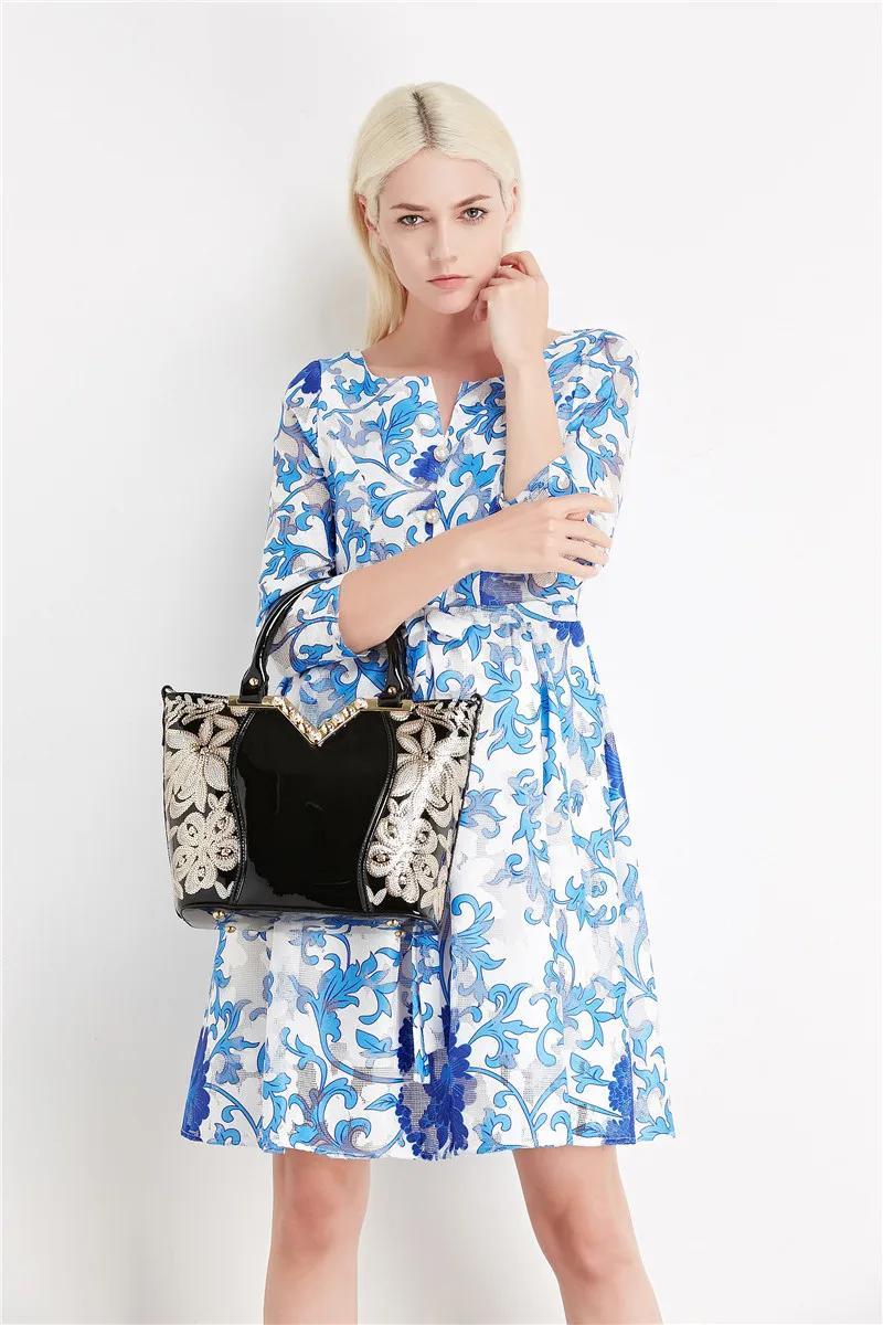 Designer Floral Embroidery Patent Leather Handbag for Women, Large Capacity Shoulder Tote with Zipper Closure, Polyester Lined, Paint Detail, Party Bag