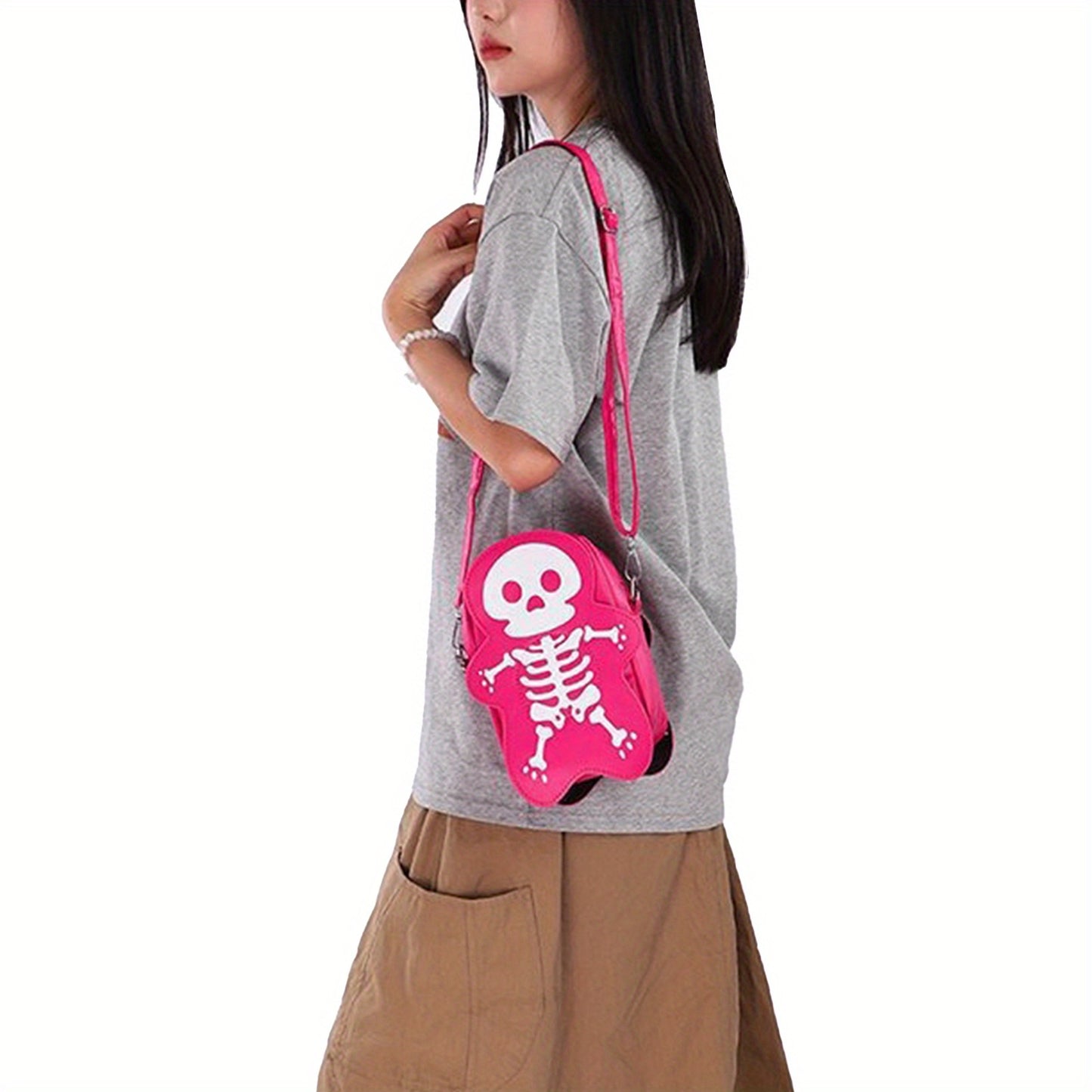 Lightweight Women's Skeleton Print Crossbody Bag - Stylish Synthetic Synthetic Leather Purse with Adjustable Strap, Zipper Closure, and Fun Bone-Shaped Design for Beach, Travel, or Shopping, Travel Purse | Skeleton Print Bag