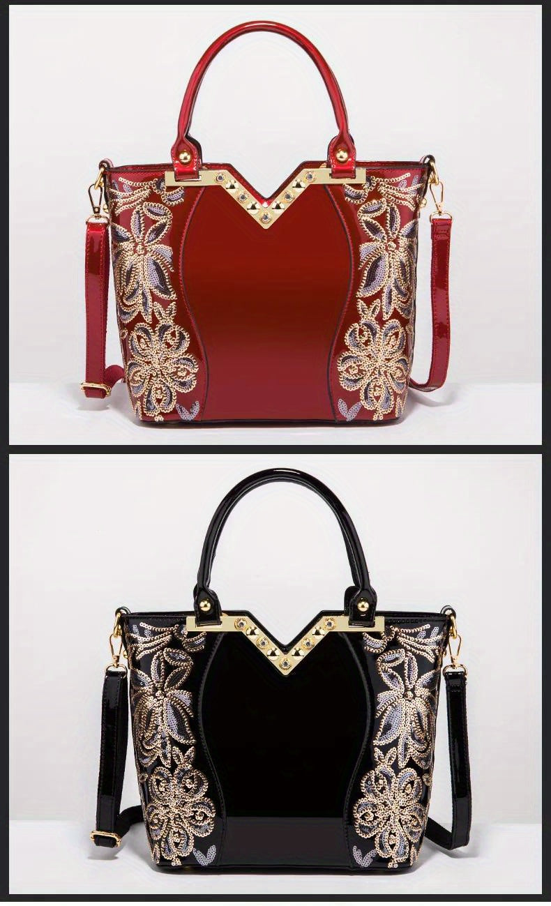 Designer Floral Embroidery Patent Leather Handbag for Women, Large Capacity Shoulder Tote with Zipper Closure, Polyester Lined, Paint Detail, Party Bag