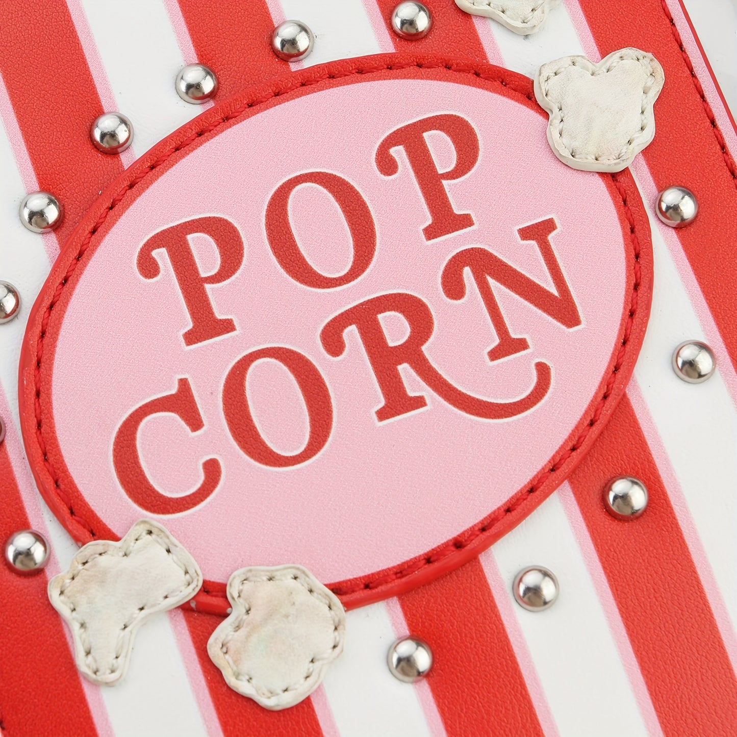 Women's Popcorn Bucket-Shaped Crossbody Bag with Adjustable Strap - Red & White Striped Synthetic Leather Purse, Beaded Popcorn Decor & Golden-Tone Hardware, Sweet Style Casual Handbag for Movie Nights, Themed Parties & Every