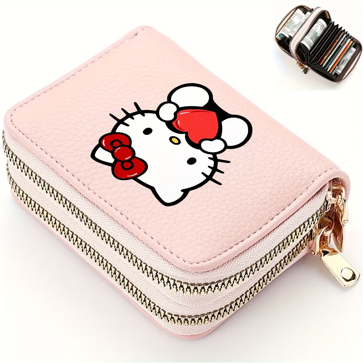 1pc Sanrio Hello Kitty Retro Zipper Wallet - Double Layer Card Slots & Coin Pocket, Cute Mini Synthetic Leather Purse with Keychain for Women s, Mixed Colors