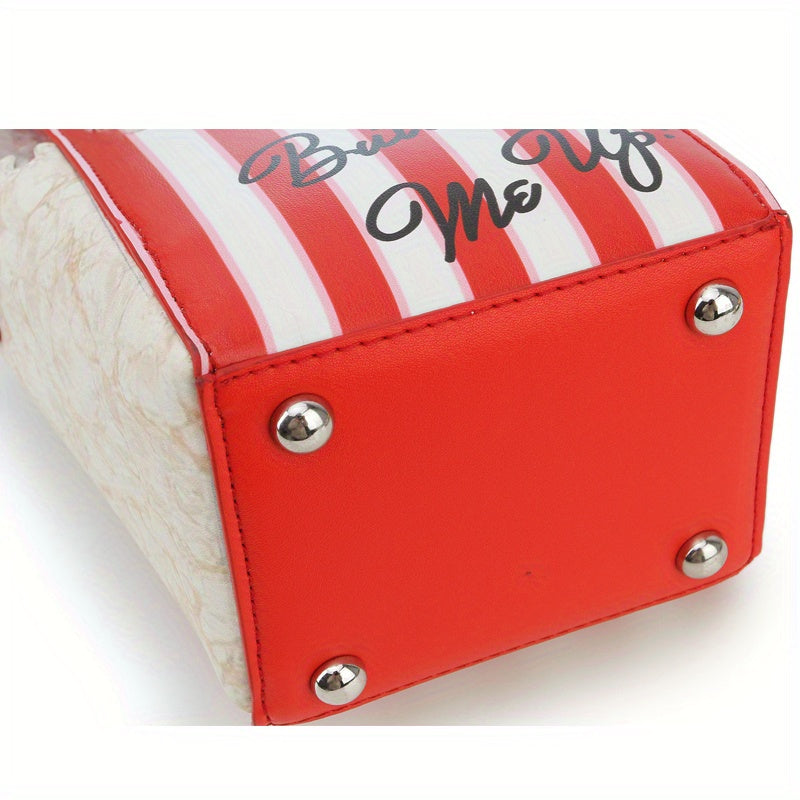 Women's Popcorn Bucket-Shaped Crossbody Bag with Adjustable Strap - Red & White Striped Synthetic Leather Purse, Beaded Popcorn Decor & Golden-Tone Hardware, Sweet Style Casual Handbag for Movie Nights, Themed Parties & Every