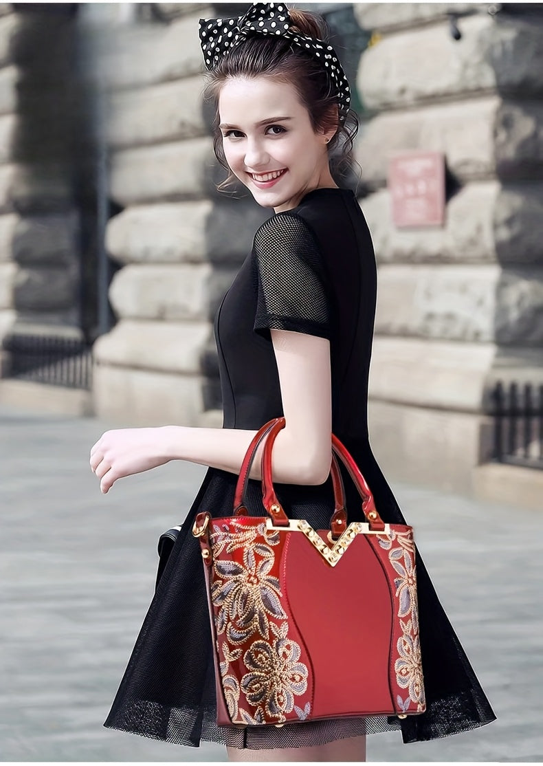 Designer Floral Embroidery Patent Leather Handbag for Women, Large Capacity Shoulder Tote with Zipper Closure, Polyester Lined, Paint Detail, Party Bag