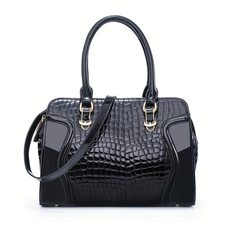 Women's Large Luxury Patent Leather Handbag - Elegant Crocodile-Texture Tote with Adjustable Crossbody Strap, Golden-Tone Hardware & Multi-Compartment Design, Vibrant Yellow & Multicolor Patterns (Pink/Blue/Green/Black) - Bus