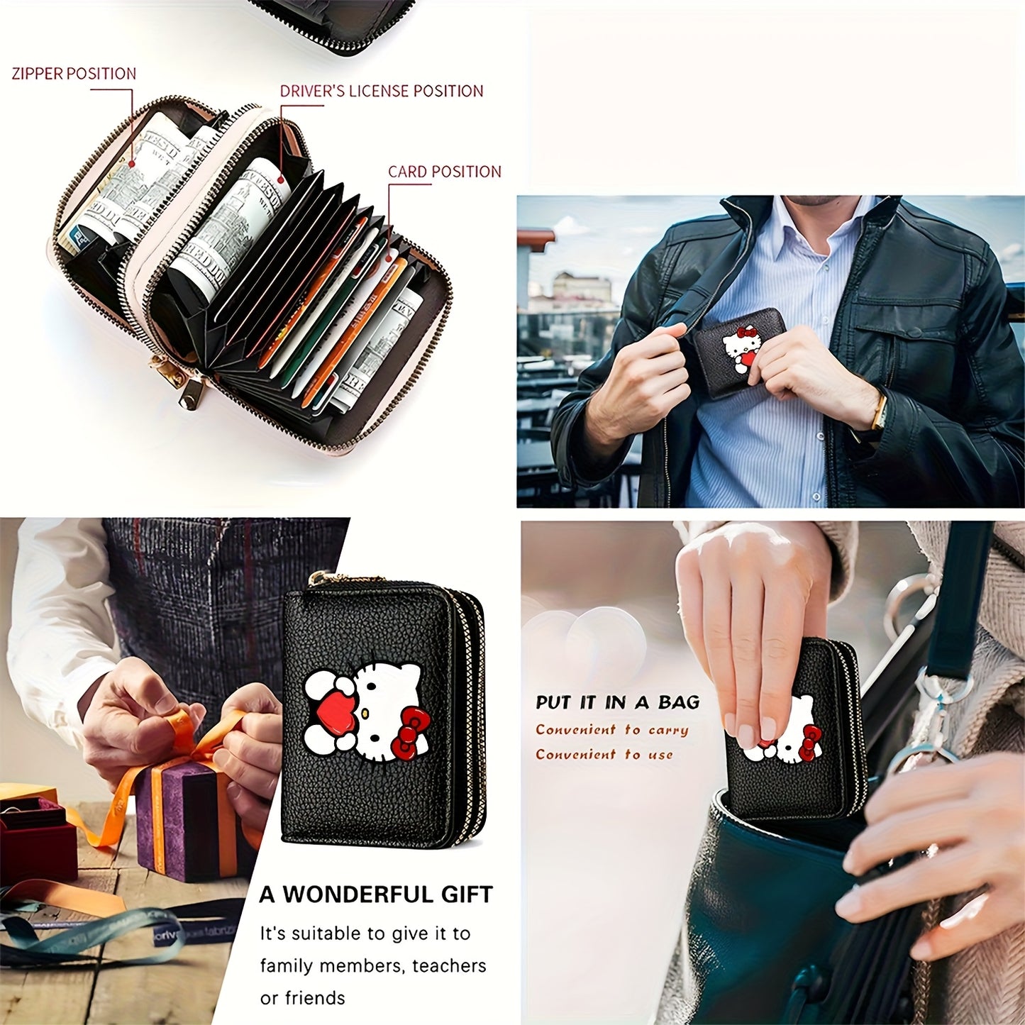 1pc Sanrio Hello Kitty Retro Zipper Wallet - Double Layer Card Slots & Coin Pocket, Cute Mini Synthetic Leather Purse with Keychain for Women s, Mixed Colors