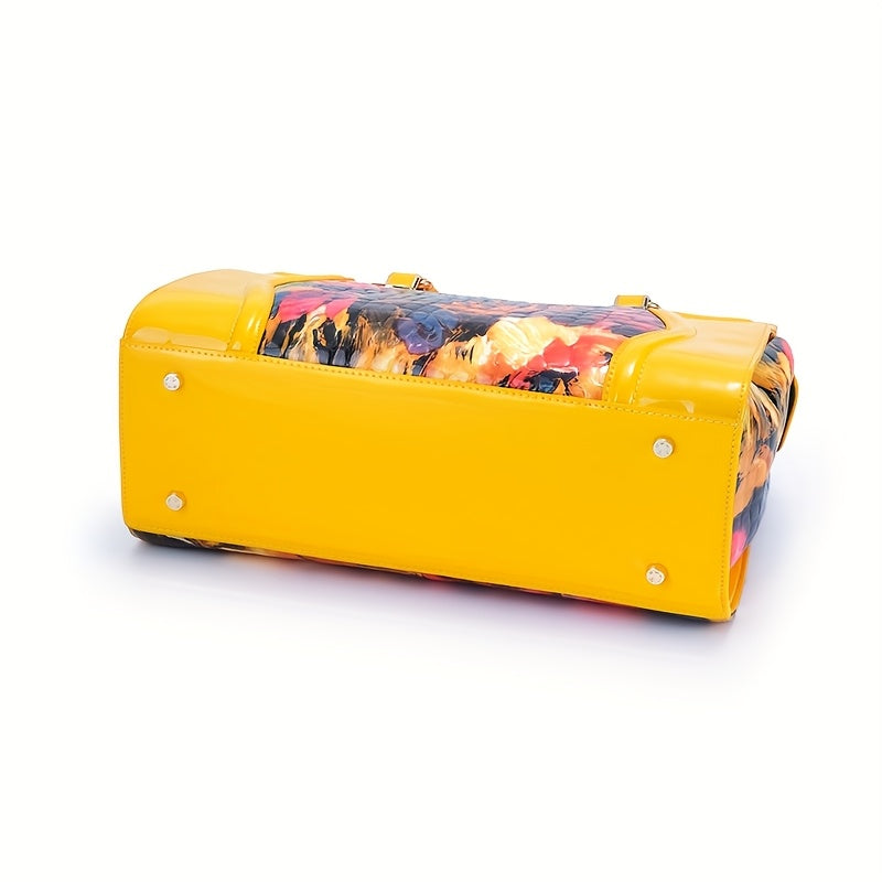 Women's Large Luxury Patent Leather Handbag - Elegant Crocodile-Texture Tote with Adjustable Crossbody Strap, Golden-Tone Hardware & Multi-Compartment Design, Vibrant Yellow & Multicolor Patterns (Pink/Blue/Green/Black) - Bus