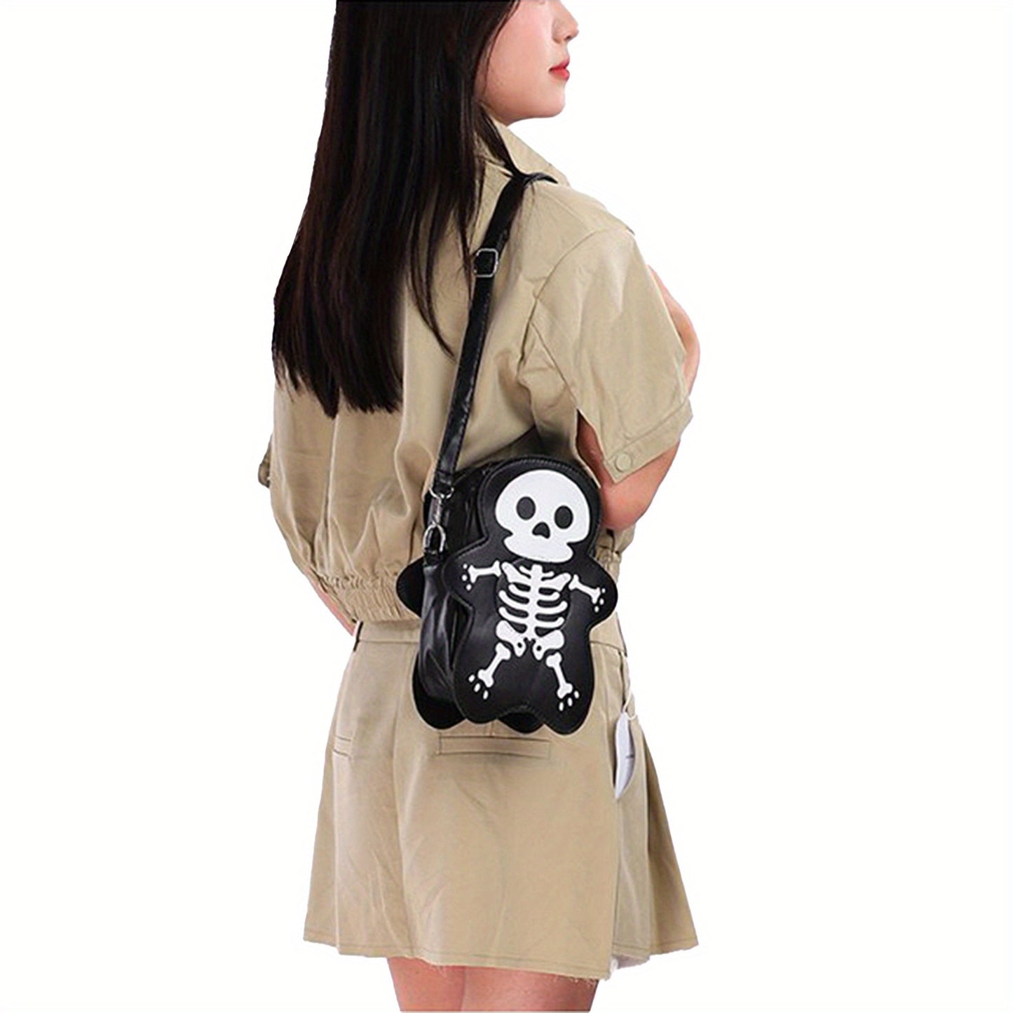 Lightweight Women's Skeleton Print Crossbody Bag - Stylish Synthetic Synthetic Leather Purse with Adjustable Strap, Zipper Closure, and Fun Bone-Shaped Design for Beach, Travel, or Shopping, Travel Purse | Skeleton Print Bag