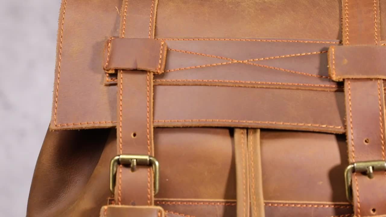 Men Crazy Horse Genuine Leather Backpack, Large Capacity Retro Cow Genuine Leather Rucksack Flap Travel Bag