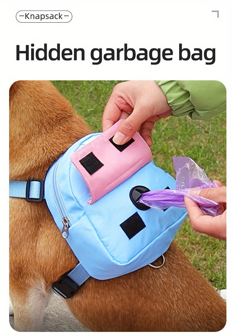 Colorful Nylon Pet Harness with Leash & Backpack - Cartoon School Bag Design for Dogs, Machine Washable, Ideal for Outdoor Adventures