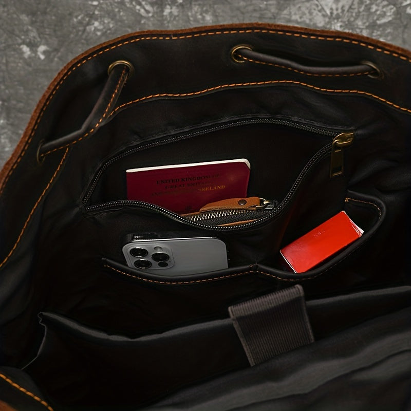 Men Crazy Horse Genuine Leather Backpack, Large Capacity Retro Cow Genuine Leather Rucksack Flap Travel Bag