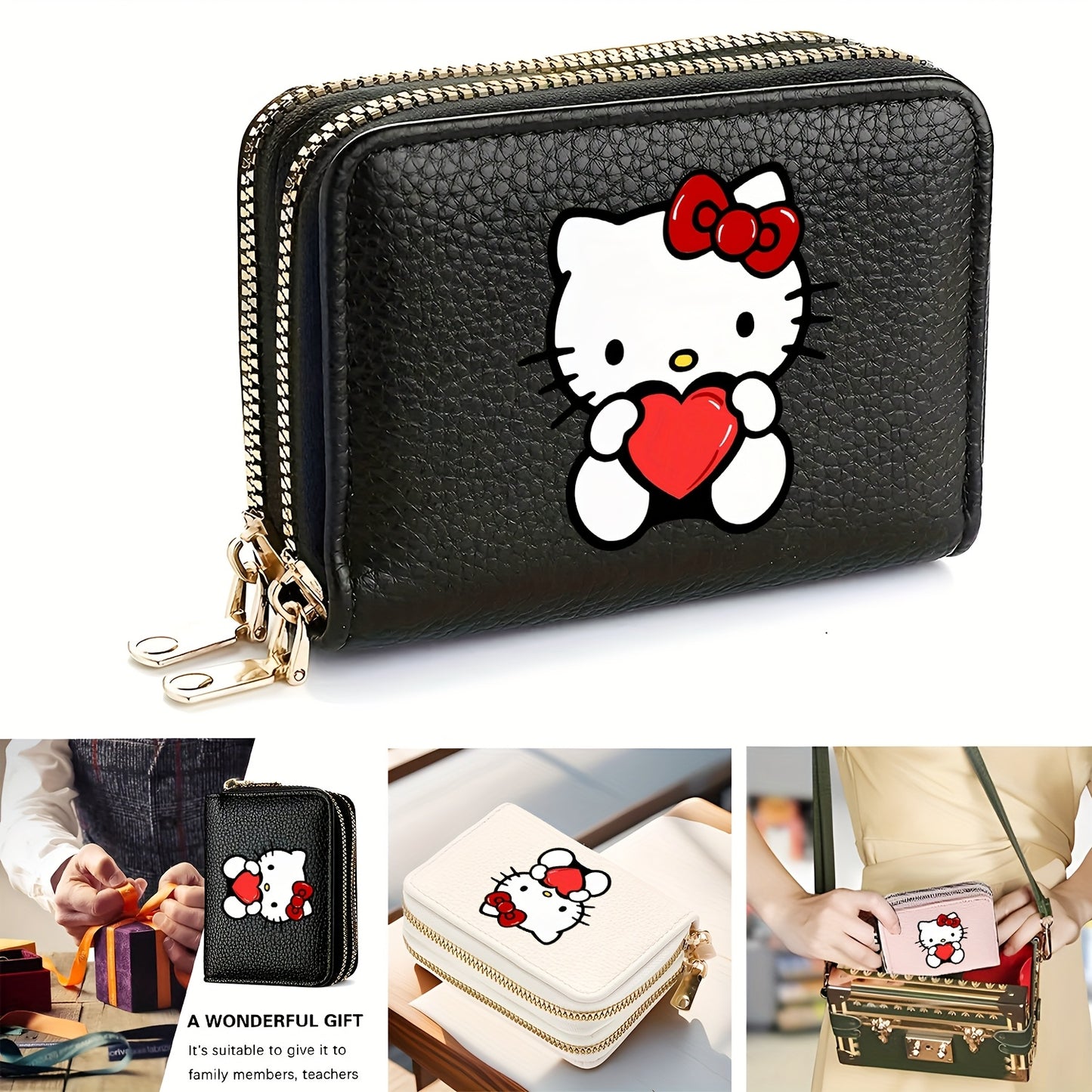 1pc Sanrio Hello Kitty Retro Zipper Wallet - Double Layer Card Slots & Coin Pocket, Cute Mini Synthetic Leather Purse with Keychain for Women s, Mixed Colors
