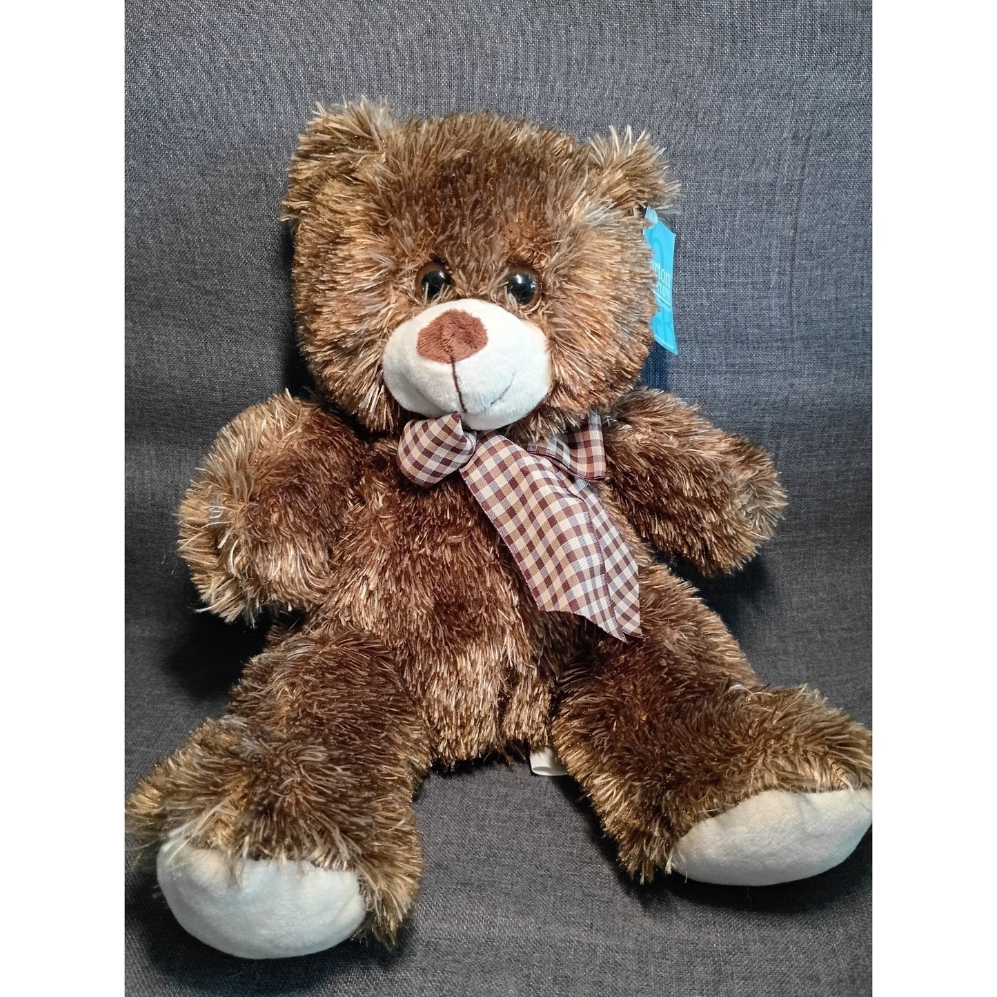 Burton & Burton Brown Fluffy Plush Stuffed Teddy Bear Plaid Bow 15" New with Tag