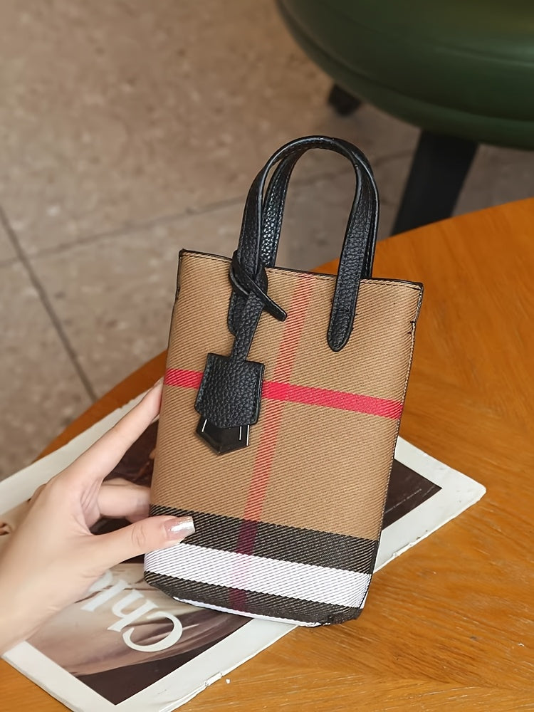 Ondy Women's Retro Caramel & Brown Plaid Handbag with Detachable Strap - Closure Small Crossbody Bag, Golden-Tone Hardware, Phone & Keys Holder, Synthetic Lining, Versatile Everyday & Formal Purse for Commuting, Work, Travel