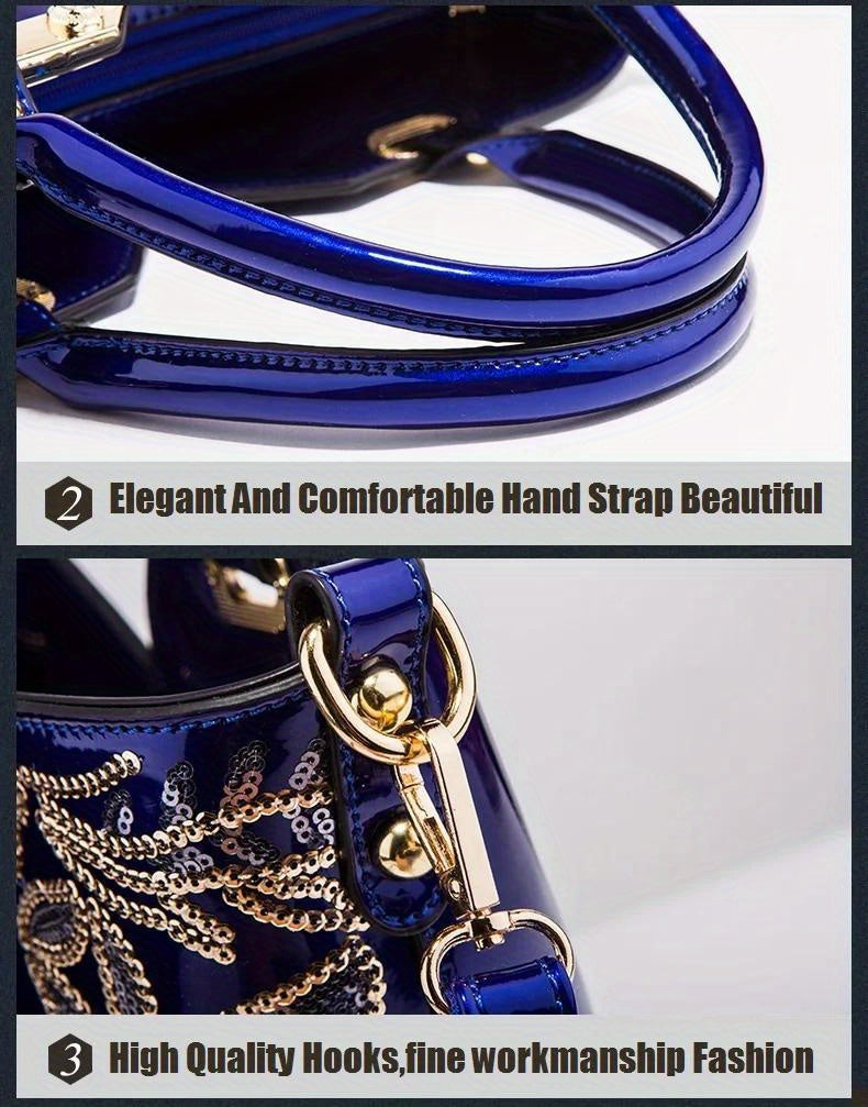 Designer Floral Embroidery Patent Leather Handbag for Women, Large Capacity Shoulder Tote with Zipper Closure, Polyester Lined, Paint Detail, Party Bag