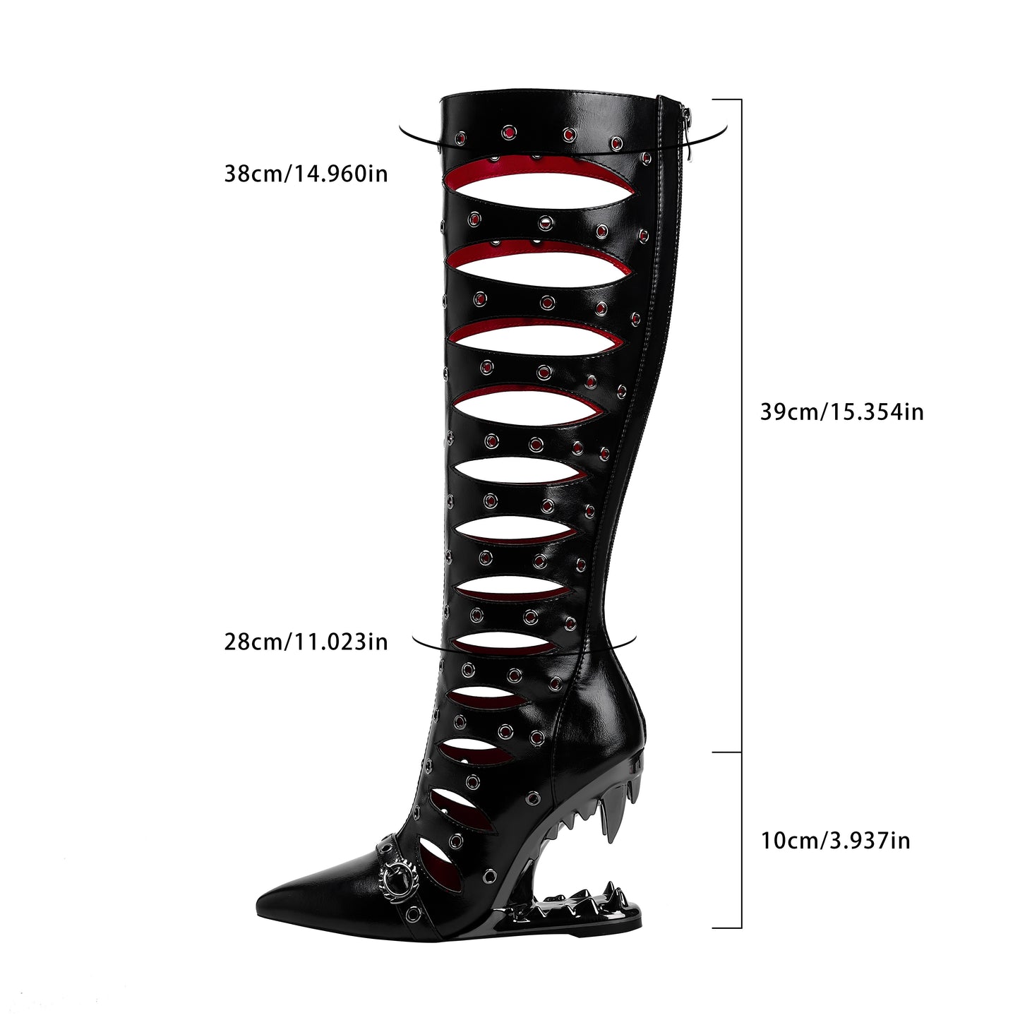 1pr Sexy Hollow-Out Designer Rivet Knee-High Boots, Pointed Toe Zipper Closure, All-Season Comfort, Man-Made Upper & Inner, Rubber Sole, Special Shaped Heel, Roman Style, Long Boots