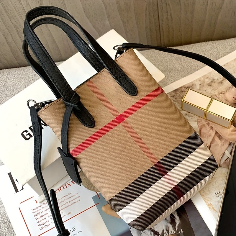 Ondy Women's Retro Caramel & Brown Plaid Handbag with Detachable Strap - Closure Small Crossbody Bag, Golden-Tone Hardware, Phone & Keys Holder, Synthetic Lining, Versatile Everyday & Formal Purse for Commuting, Work, Travel