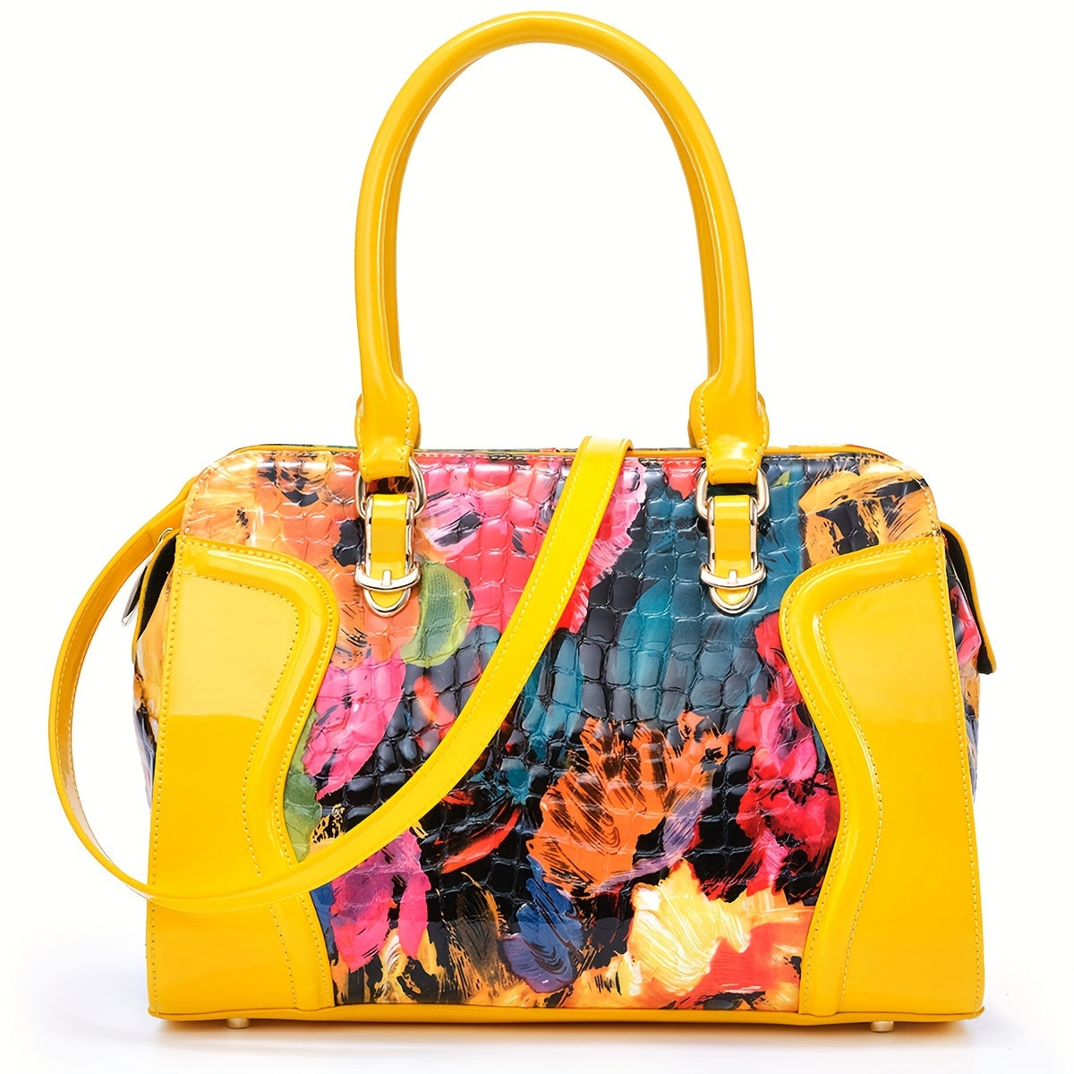 Women's Large Luxury Patent Leather Handbag - Elegant Crocodile-Texture Tote with Adjustable Crossbody Strap, Golden-Tone Hardware & Multi-Compartment Design, Vibrant Yellow & Multicolor Patterns (Pink/Blue/Green/Black) - Bus