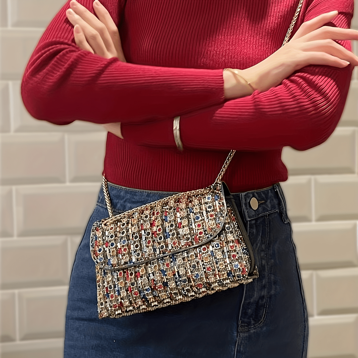 Women's Luxury PU Evening Handbag with Adjustable Strap & Closure - Sparkling -Adorned Multicolor Beaded Mosaic Design, Golden-Tone Hardware, Lightweight Elegant Clutch for Parties, Weddings, Formal Events - Versatile Crossbo