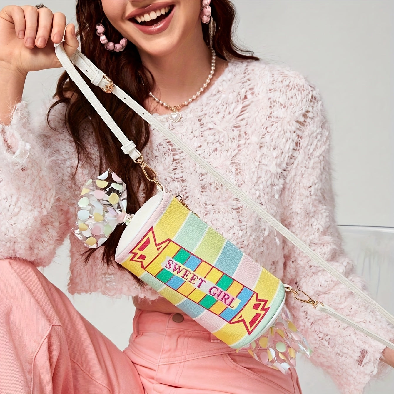 Women'S Cute Candy Bag with Adjustable Strap - Synthetic Faux Leather Purse, Zipper Closure, for Everyday, Parties, Gifts - Sweet Polka Dot Ladies Shoulder Bag, Candy Bar Supplies, Party Accessory, Playful Design, Durable Mat