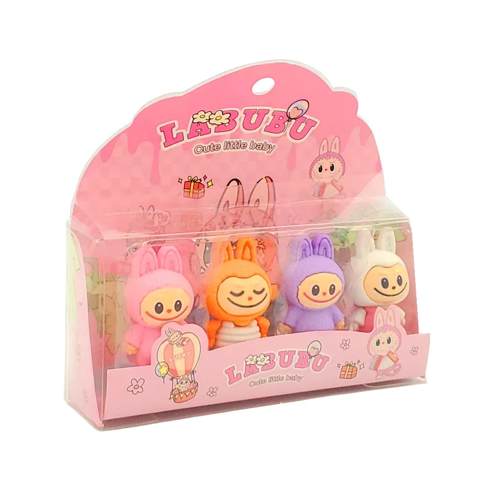 [GD] Box with 4 school rubber erasers in the shape of a labubu, a variety of designs and colors / hf-21-1 / cute little baby