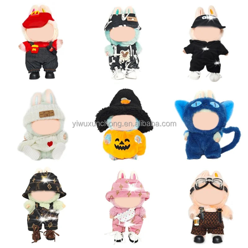 In Stock Designer Doll Clothes for Labubu Only - Stylish Bib Overalls & Shirt for 17cm Plush Doll | Fast Ship