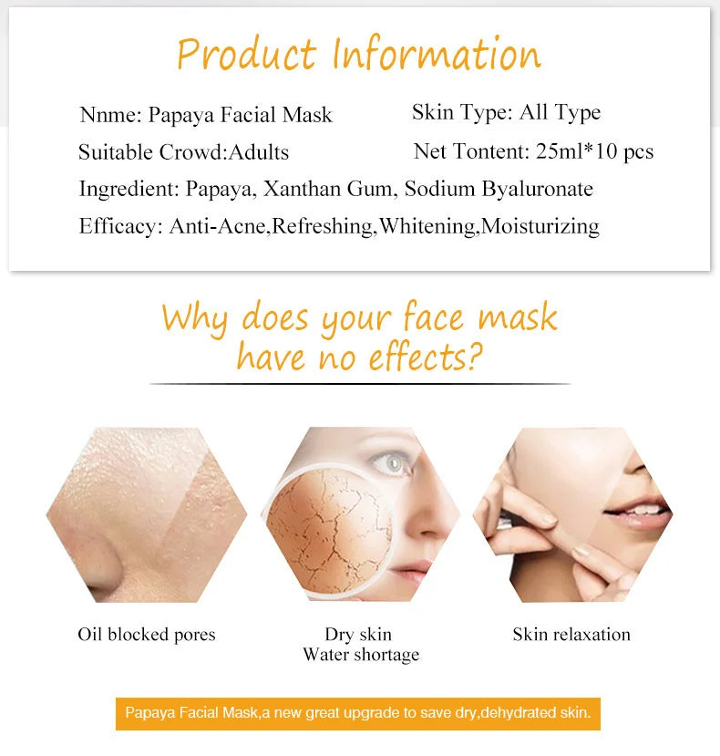 Papaya Facial Mask For The Face Korea Cosmetic Moisturizing Fabric Face Masks Care Wrinkle Acne Beauty Face Film Mask 1pc