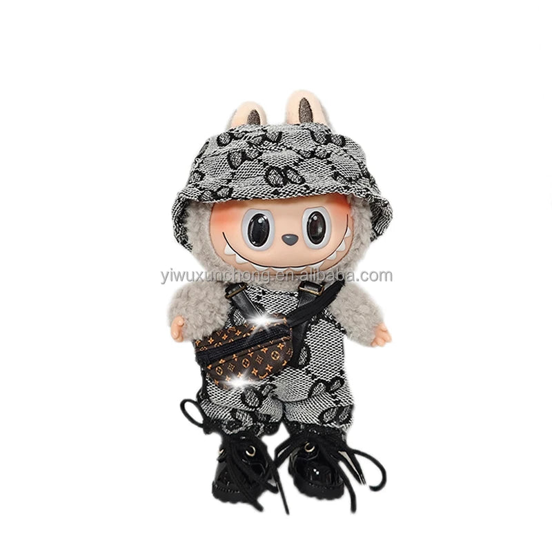 In Stock High-Quality Exclusive Designer Outfit for Labubu - GG Sweater and Overall Set for 17cm Plush Doll | Fast Ship